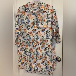 Papinelle Harper Cozy Button Up Night Shirt Sz M White W/Floral Print 3/4 Sleeve